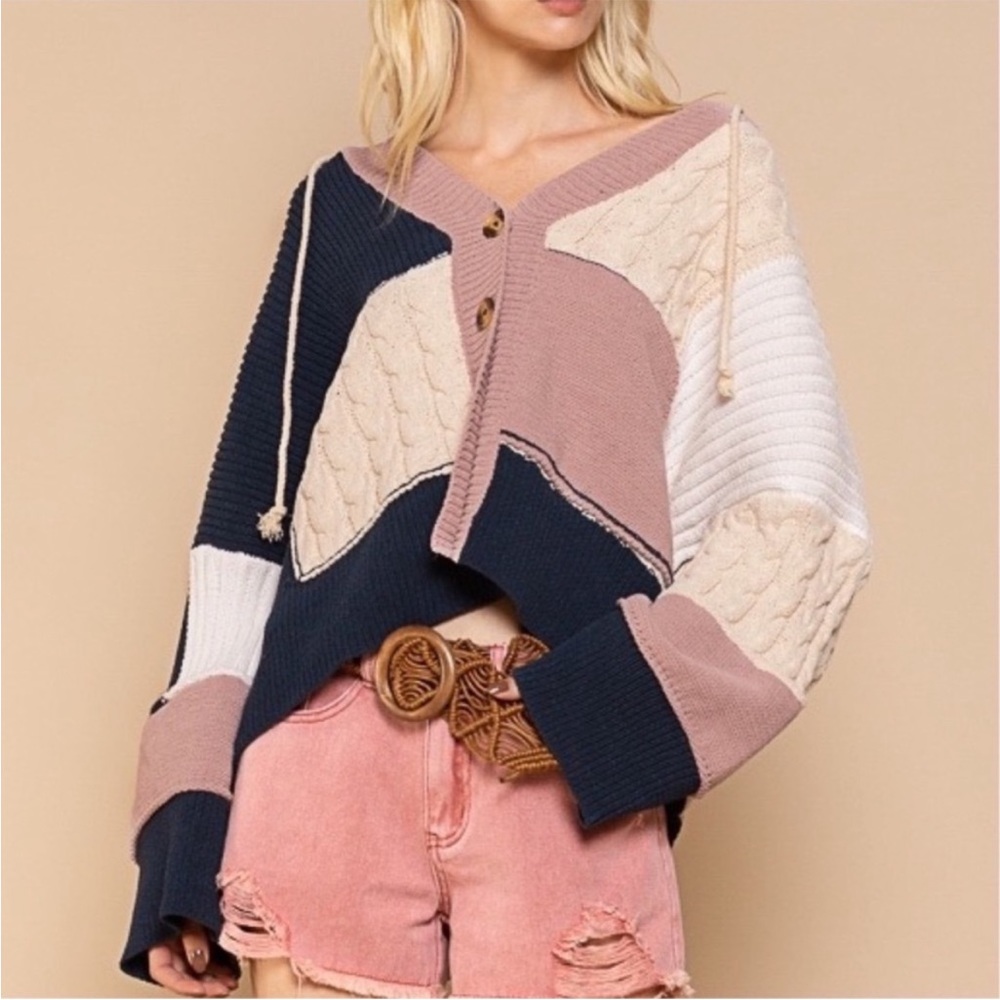 POL Oversized Hooded Blocked Patchwork Cardigan